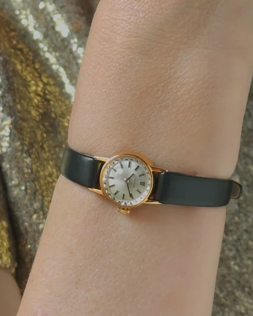 Women wristwatch Certina dainty gold plated ladies watch gift, Swiss classic small accessory vintage jewelry, new genuine leather strap
