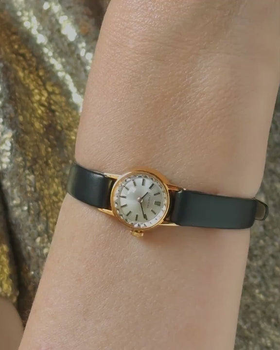 Women wristwatch Certina dainty gold plated ladies watch gift, Swiss classic small accessory vintage jewelry, new genuine leather strap