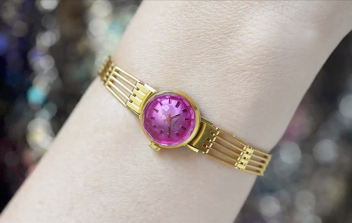 Cocktail wristwatch Seagull gold plated pink cover vintage, dainty women watch, classic delicate bracelet retro gift, OneEraLate shop