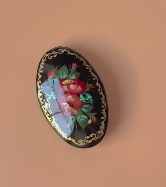 Lacquer brooch Russian hand painted, flowers wooden black brooch, red blue blossom brooch oval, traditional Russian brooch bouquet gift her