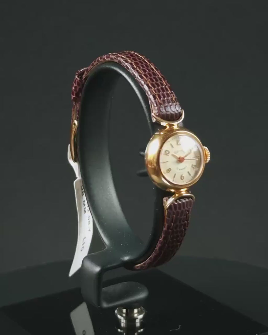Tiny little women's watch Dream gold plated gift, vintage lady wristwatch, crescent trim lady watch delicate accessory, new leather strap