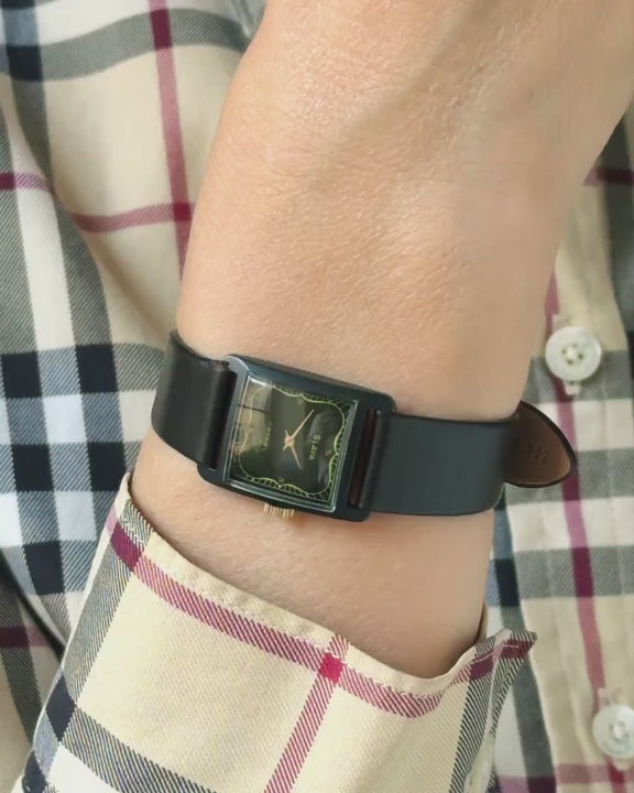 Unused women watch black Glory, square watch vintage chic lady accessory, minimalist delicate girl wristwatch gift, new premium leather band