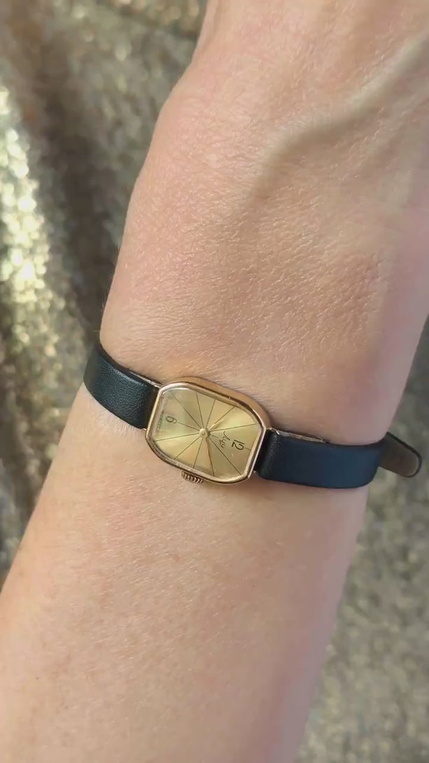 Women watch 60s gold plated retro Ray, lady wristwatch minimalist rectangular, delicate personalized watch jewelry gift, new leather band