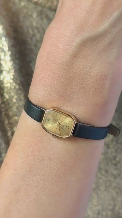 Women watch 60s gold plated retro Ray, lady wristwatch minimalist rectangular, delicate personalized watch jewelry gift, new leather band