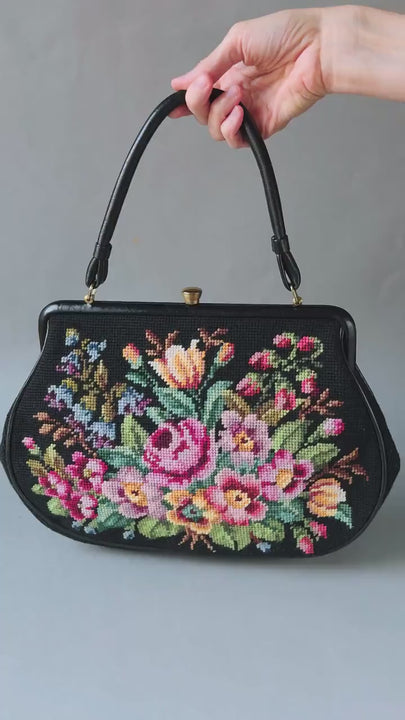 Floral Needlepoint Framed Bag Retro Black Floral Gift. Boho Handbag Top Handle Purse Embroidery Roses Pattern Vintage. Chic Bag Fashion Love