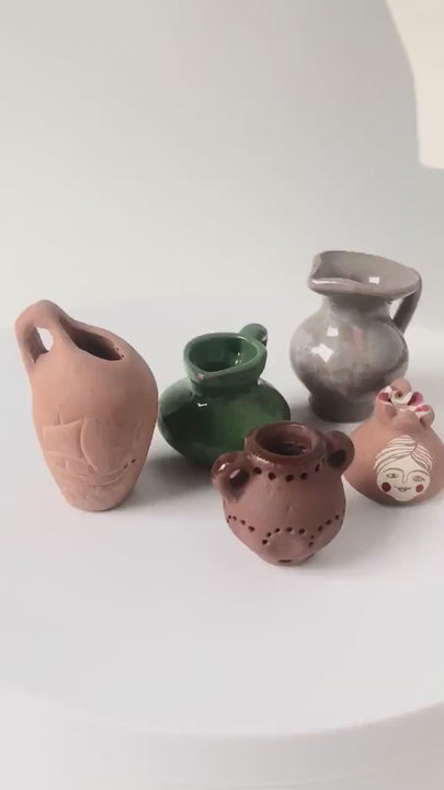 Delicate jars set 5 little pitchers handmade pottery home decor or accessory, Lithuanian clay pitchers native pattern glazed souvenirs gift