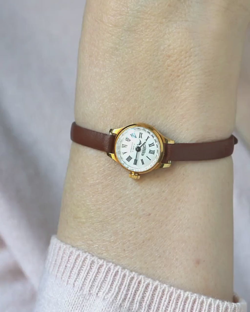 Vintage Women Watch Small Gold plated CORNAVIN gift, lady wristwatch shockproof, minimalist watch rare design, New premium leather strap