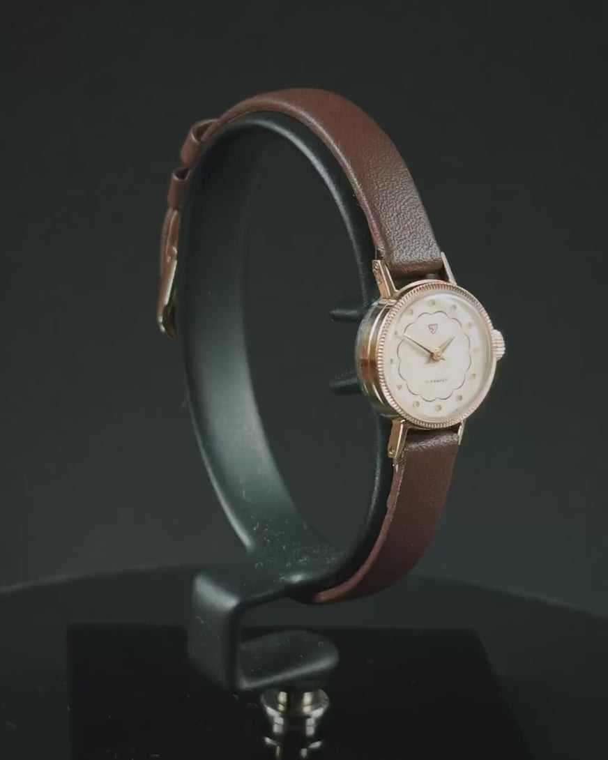 Delicate women watch unused vintage Seagull, gold plated case wristwatch rare design dial, chic lady watch minimalist gift, leather band new
