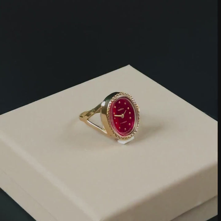 Red women watch ring vintage oval Seagull, delicate jewelry gold plated case tiny ring lady gift, lady watch ring chunky oval approx size N