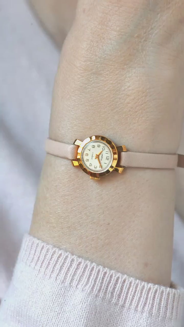 Delicate boho women's wristwatch gold plated floral case design, rare tiny 60s watch Seagull classic beauty gift, new premium leather strap