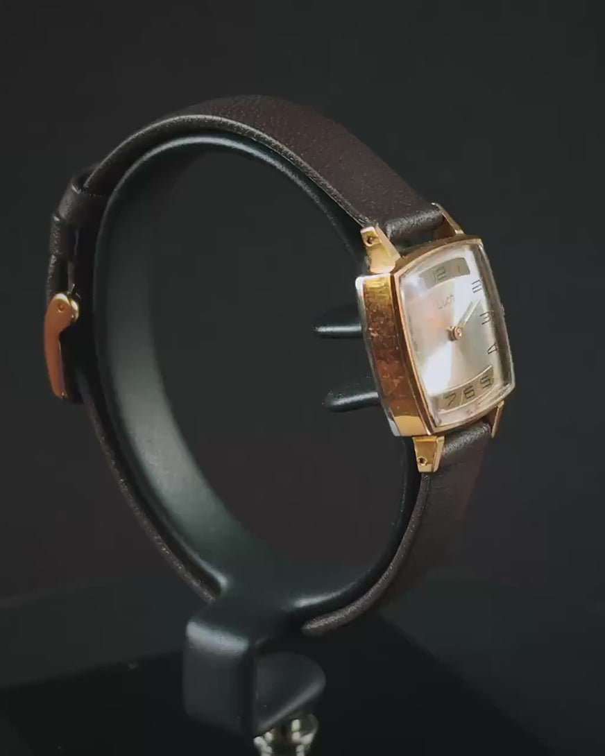 Gold plated women watch square vintage Ray, limited edition wristwatch lady, classic wrist accessory gift, new premium leather strap