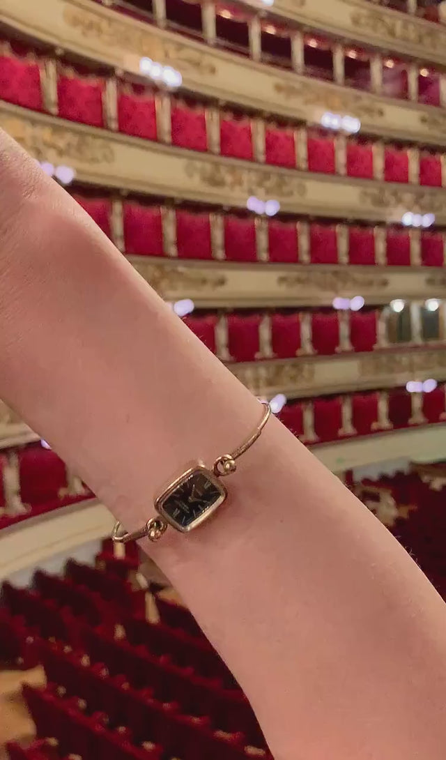 Black cocktail watch for woman 90s authentic Seagull gift, gold plated Roman numerals dial wristwatch rectangular, tiny bracelet