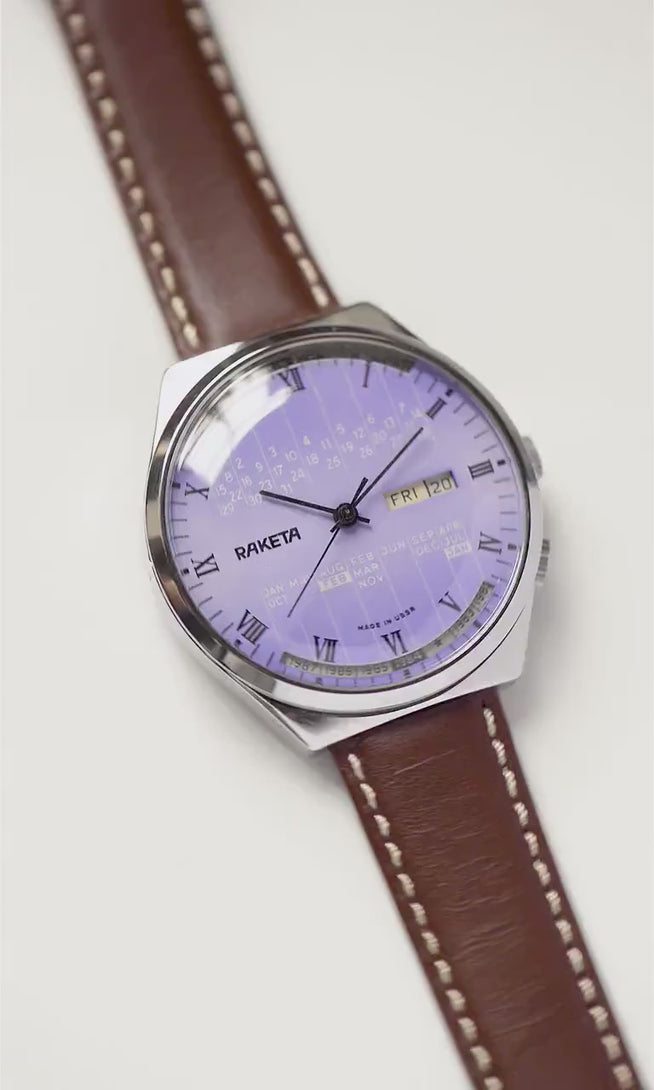 Unused perpetual calendar men watch Rocket, purple silver shades men watch chunky, vintage men watch modern gift, new premium leather strap