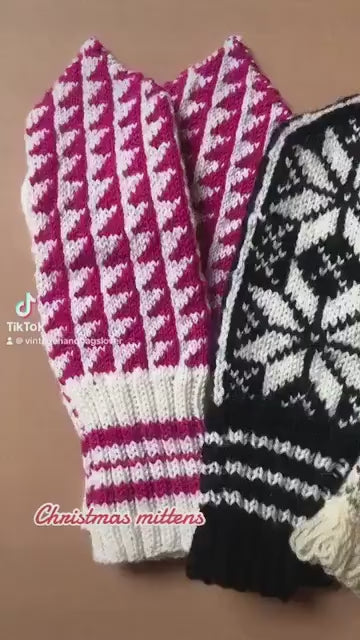 Vintage Mittens Scandinavian Wool Warm Winter Gloves. Hand-knitted Stars Pattern Mittens. Size M Pink Black Winter Gloves Nordic Boho Gift