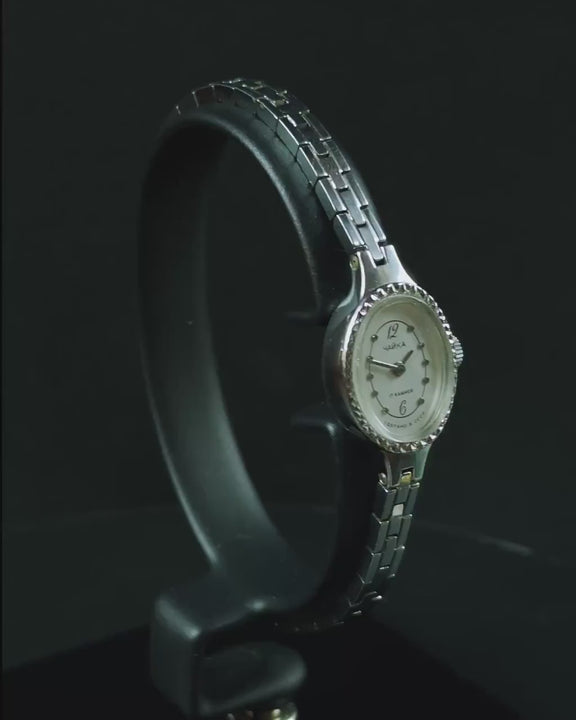 Oval women cocktail watch silver shade Seagull, vintage lady wristwatch jewelry gift, tiny bracelet narrow wrist