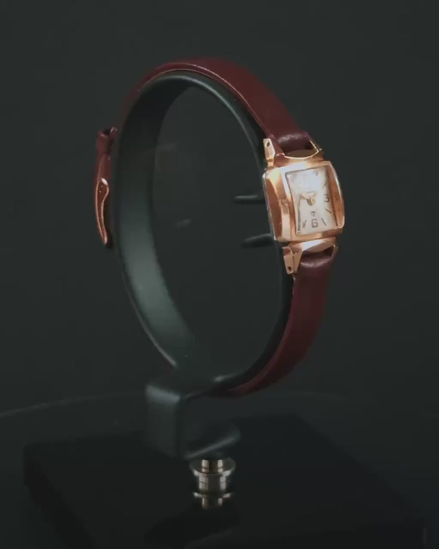 Sunburst dial women watch Era, square women wristwatch gold shade gift, art deco style rare vintage jewelry, new genuine leather strap