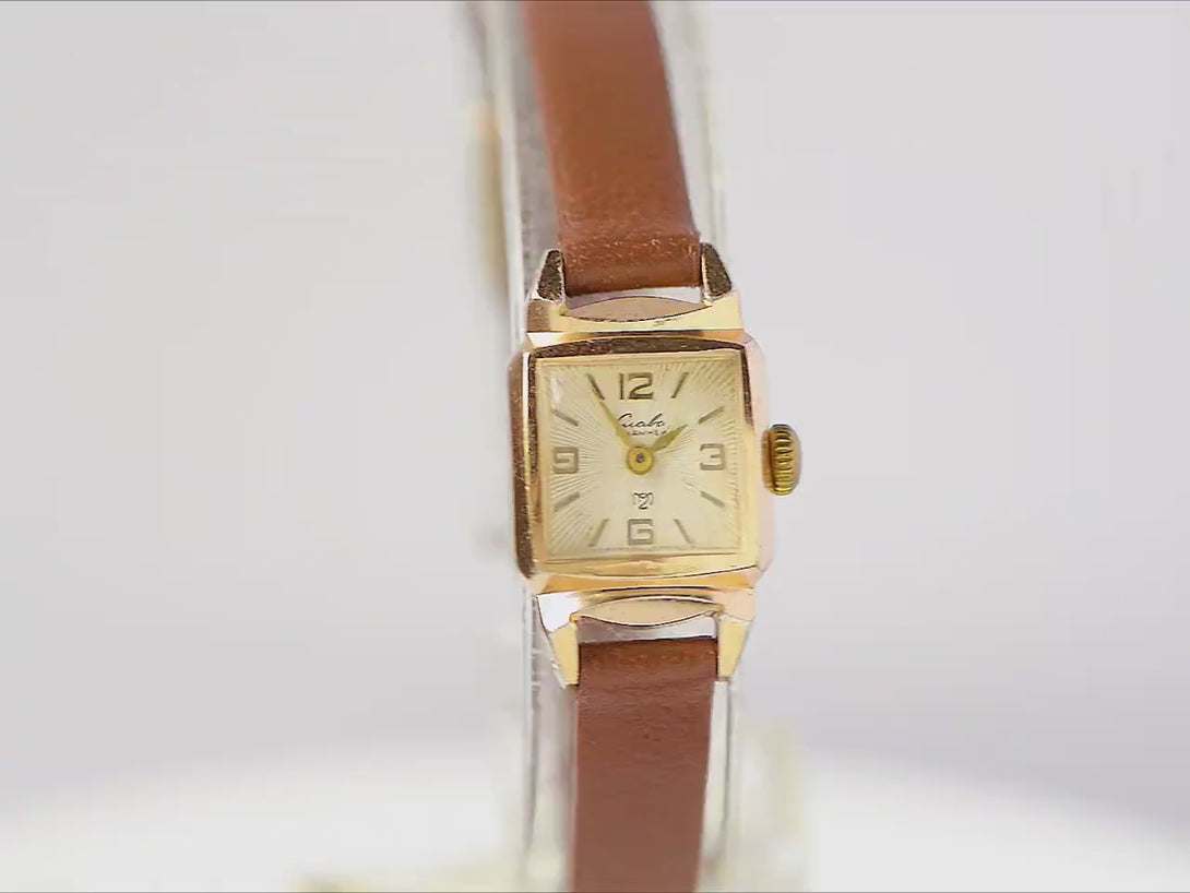 Women watch Glory square retro, vintage ladies wristwatch gold shade, art deco style rare jewelry sunburst dial, new premium leather strap