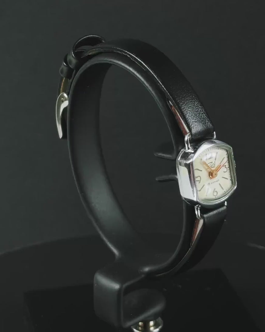 Yellow dial woman watch Dawn vintage, tiny gold plated lady wristwatch jewelry gift, minimalist watch for women, new genuine leather strap