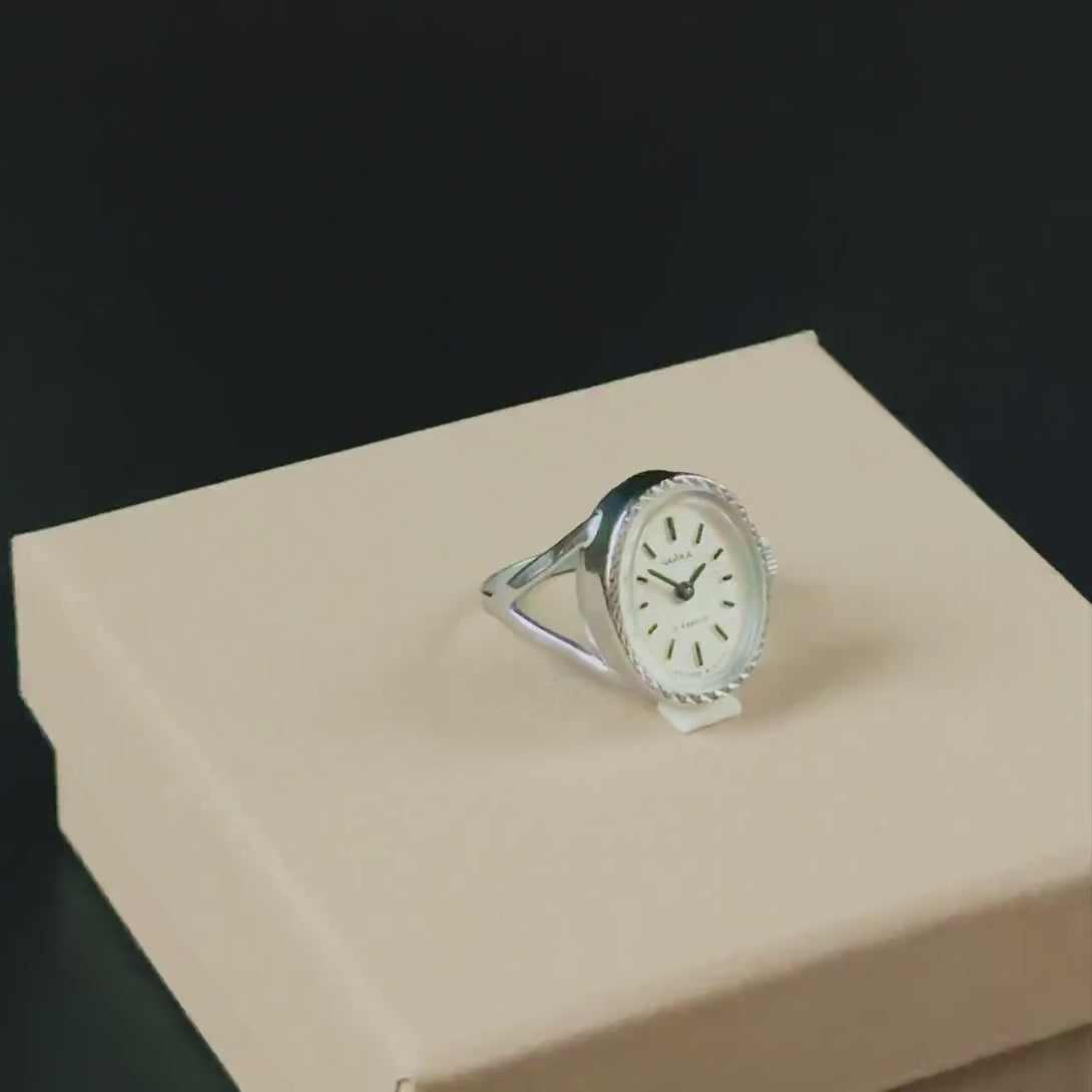 Women watch ring silver shade oval Seagull authentic design, vintage minimalist lady ring watch cocktail accessory finger watch jewelry gift