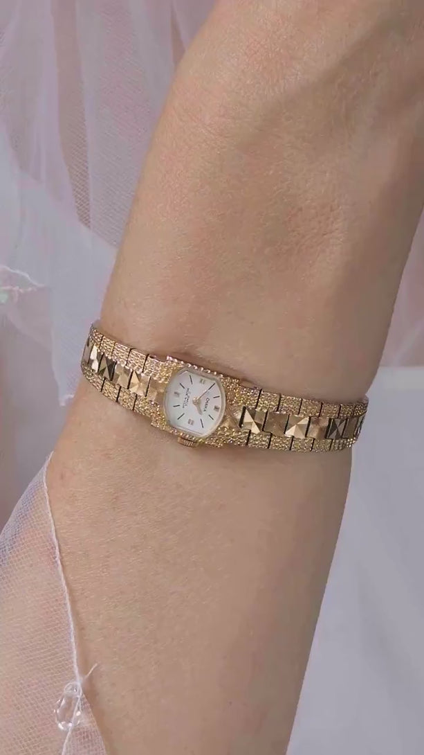 Gold plated cocktail watch for women Seagull, vintage ladies watch for parties white dial posh bracelet, evening watch for lady jewelry gift