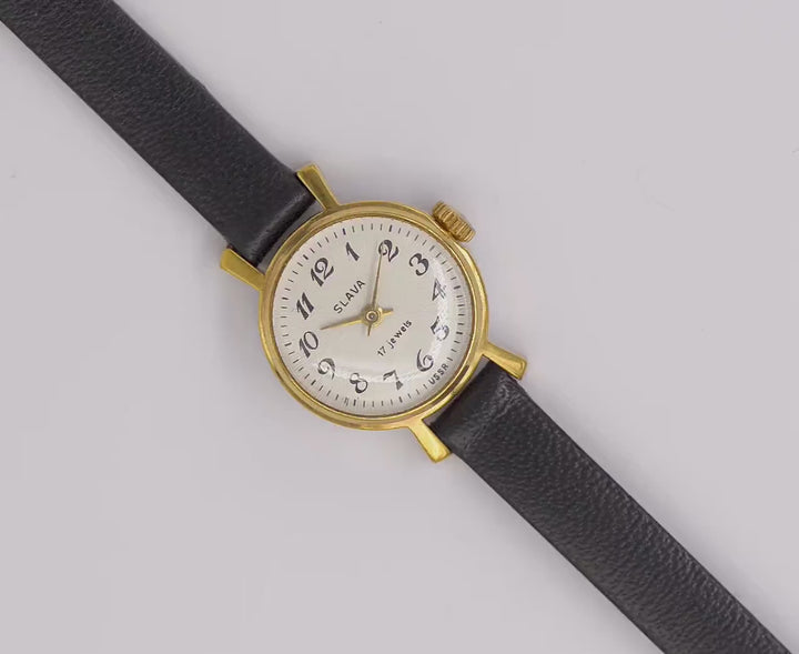 Classic women watch gold plated Glory unused, vintage lady watch Arabic numerals dial, delicate lady watch jewelry, new luxury leather strap