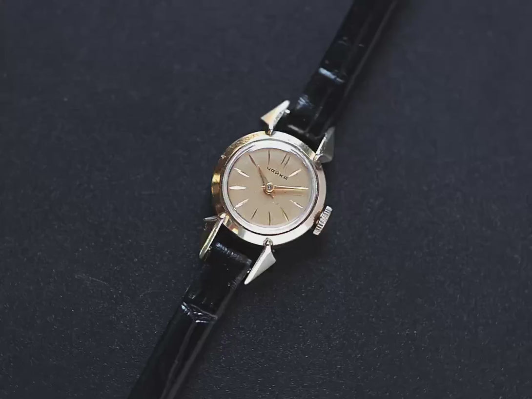 Unique gold plated women's watch Seagull, round tiny case wristwatch for lady, minimalist dial retro gift, new premium leather strap