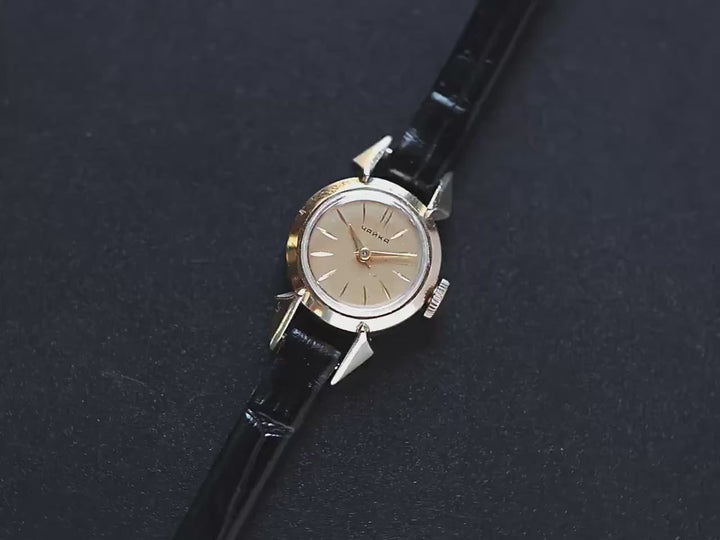 Unique gold plated women's watch Seagull, round tiny case wristwatch for lady, minimalist dial retro gift, new premium leather strap