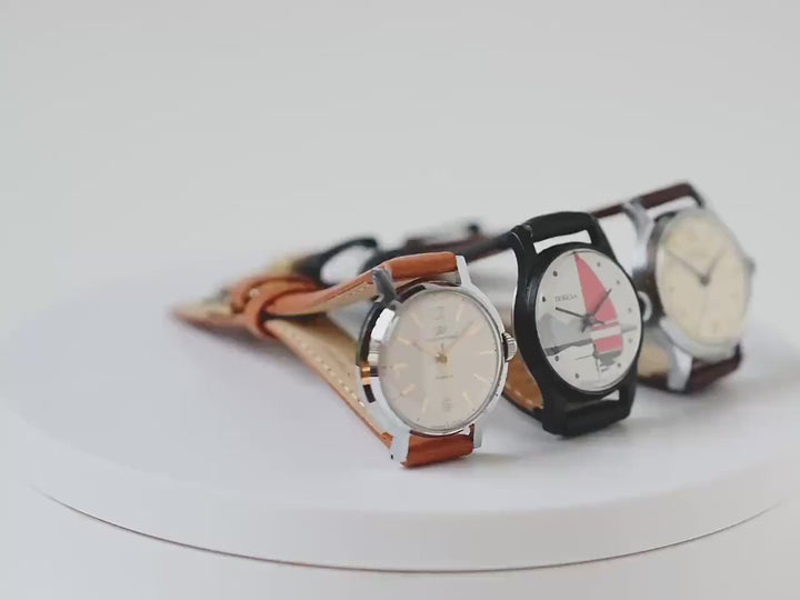 Sailing ship wristwatch Pobeda \ Victory for women teen vintage, unused black red watch unisex, 80s fashion watch, new genuine leather band