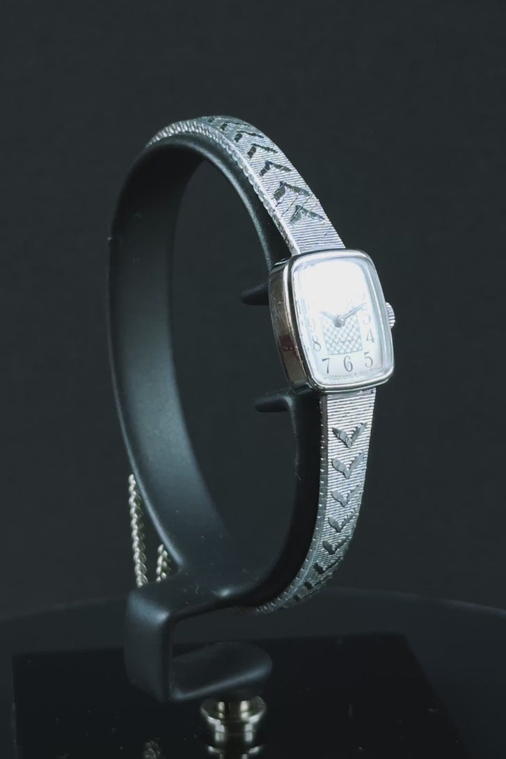 Vintage cocktail watch women Seagull, silver shade bracelet chevron pattern, Arabic numerals dial blue geometric rectangular wristwatch case