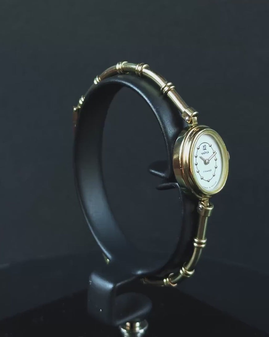 Cocktail wristwatch women oval gold shade Seagull, bamboo design watch bracelet authentic jewellery vintage, delicate lady gift
