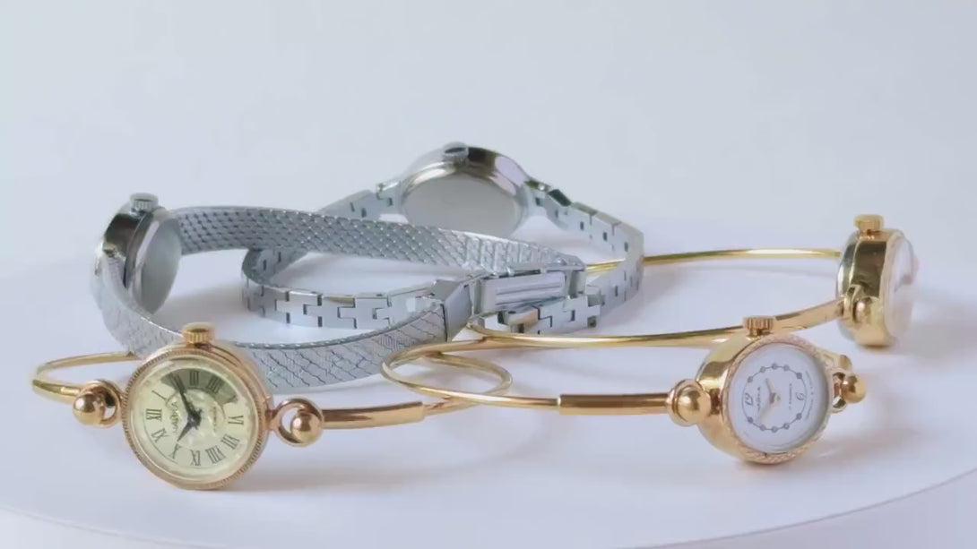 Delicate cocktail watch for women Seagull vintage, tiny bracelet lady wristwatch gold plated, Roman numerals dial jewelry, bride watch gift