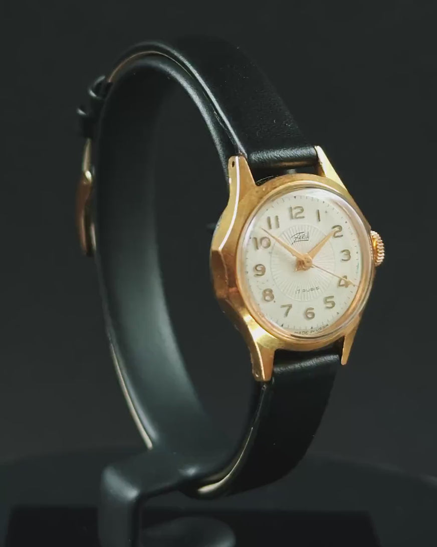 Limited edition watch for women gold plated Dawn, retro lady wristwatch sunburst dial, classic girl watch gift, new premium leather band
