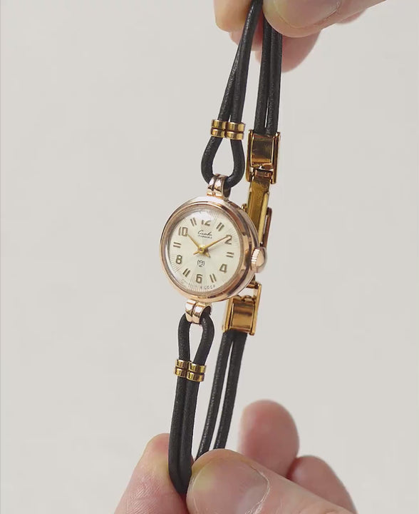 Solid gold 14K women watch Glory 1960s vintage, sunburst dial lady watch gold, tiny jewelry gold watch for women retro, new leather strap