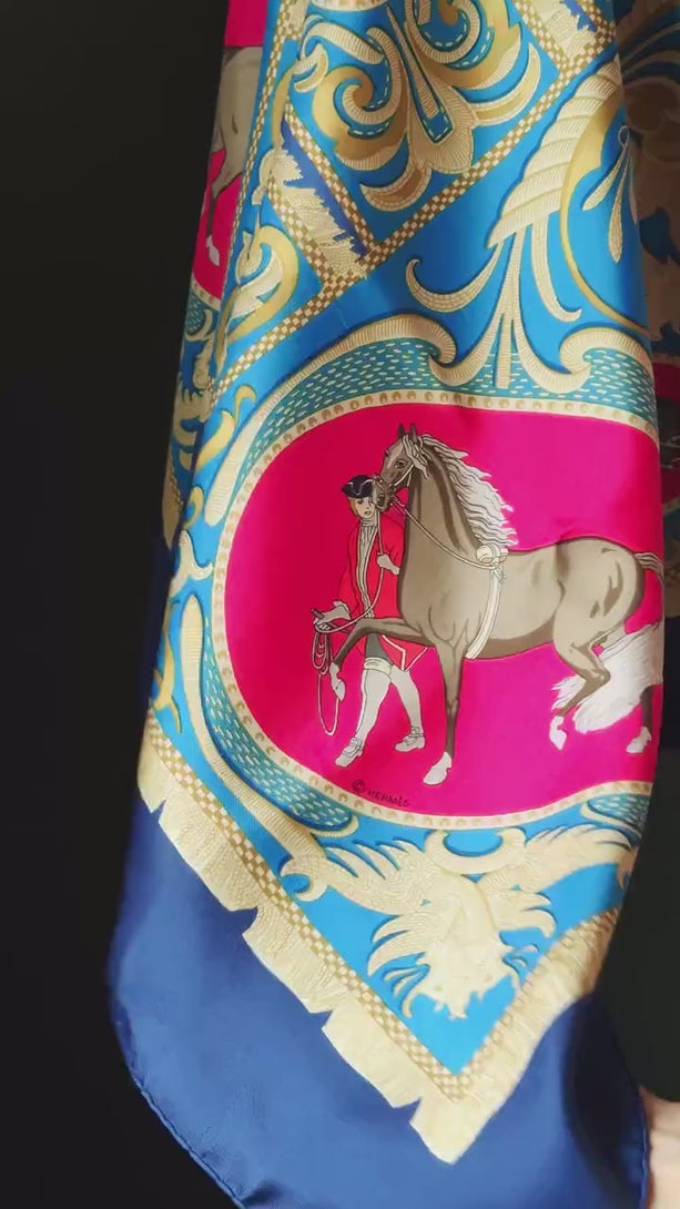 HERMES Silk Scarf La Présentation Shawl by Christiane Vauzelles. Blue Red shades Fashion Chic Scarf Equestrian Silk Wrap Iconic French gift