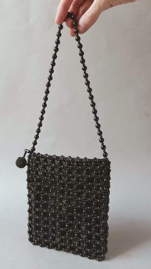 Vintage Black Beaded Purse: Small Plastic Top Handle Bag