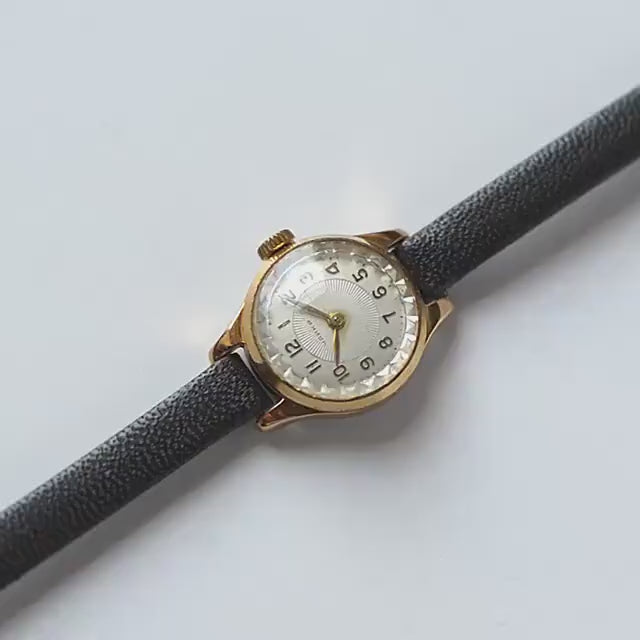 Delicate women watch gold plated Seagull vintage, chic lady watch jewelry gift, micro wristwatch sunburst dial, new premium leather strap