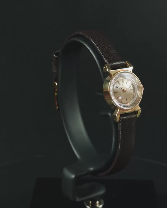 Vintage OMEGA Saphette Gold Plated Watch for Women Small Chic Round Case Wristwatch, Swiss Made, Leather Strap
