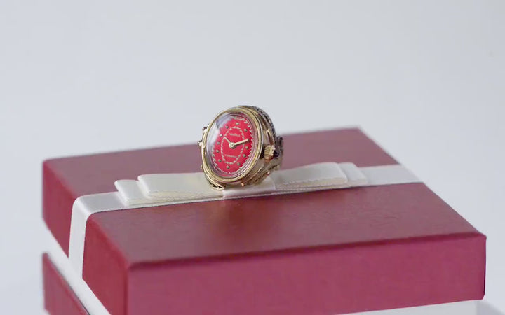 Chunky women watch ring vintage 80s oval gold plated, authentic Seagull finger watch chic ring watch cabochon crown filigree watch on finger