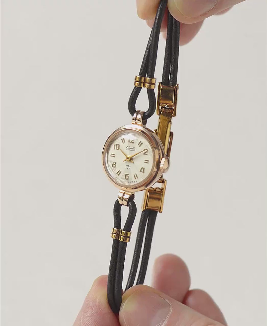 Solid gold 14K women watch Glory 1960s vintage, sunburst dial lady watch gold, tiny jewelry gold watch for women retro, new leather strap