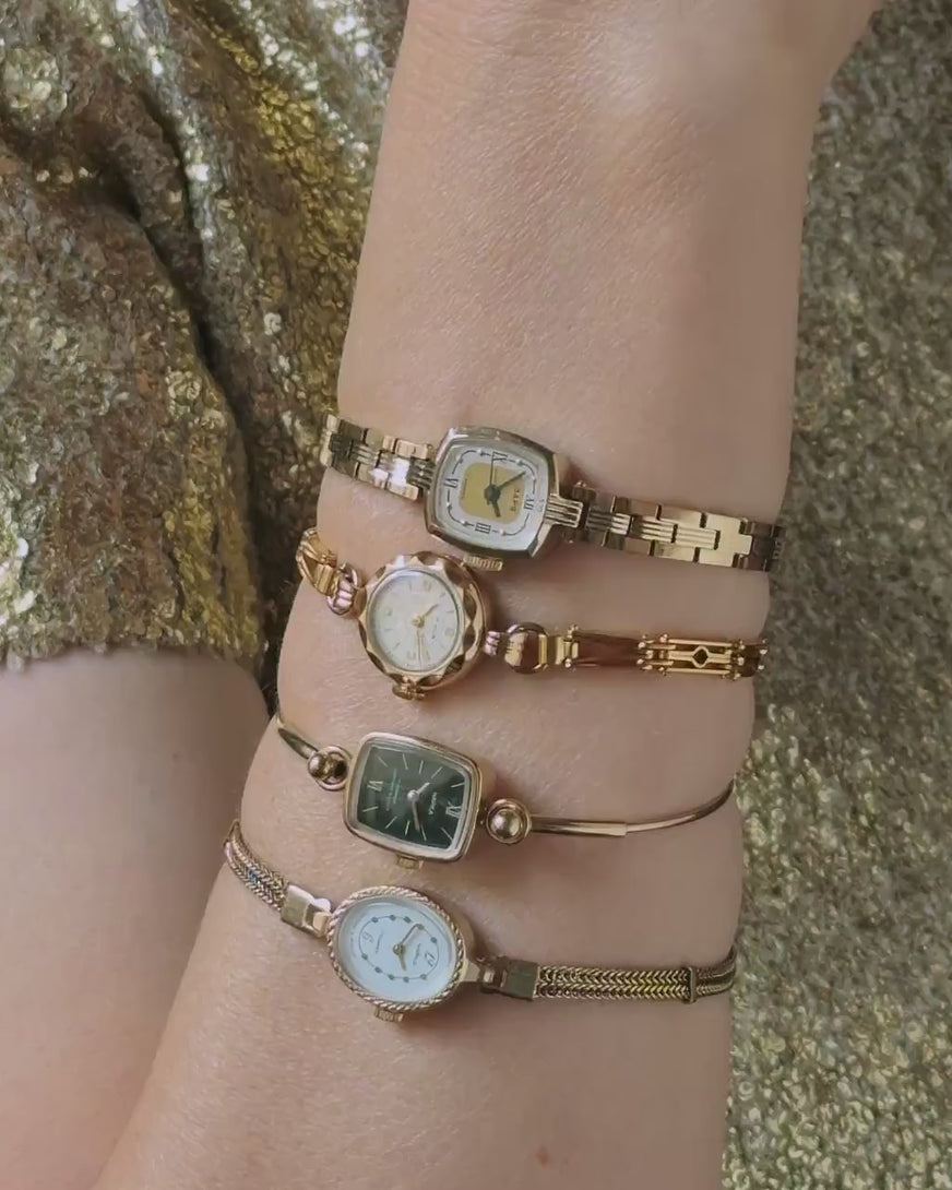 Gold plated cocktail watch bracelet Dawn gift vintage, delicate rectangular women wrist watch Roman numerals dial watch jewelry accessory