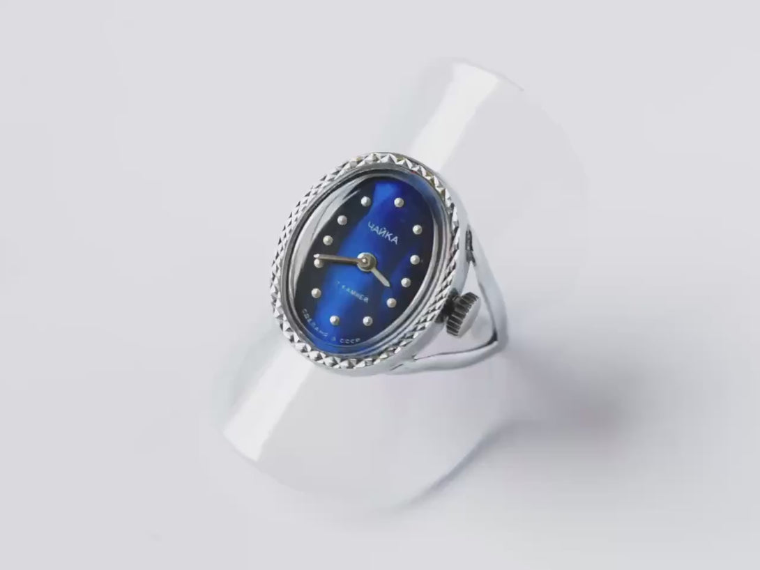 Navy blue women's watch ring Seagull, silver shade oval watch on finger vintage jewelry gift her, 90s lady timepiece rare watch jewelry