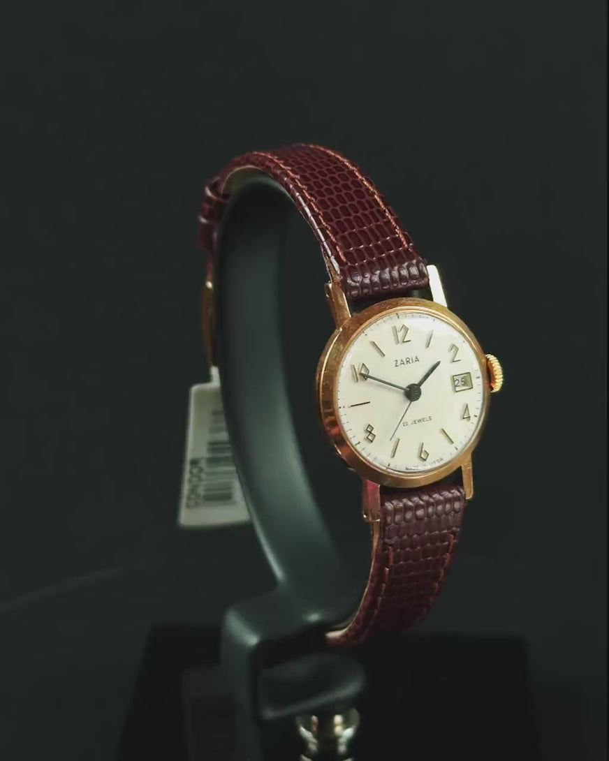 Retro dial women watch Dawn with date window, vintage gold plated watch elegant gift, classic lady wristwatch, new premium leather strap