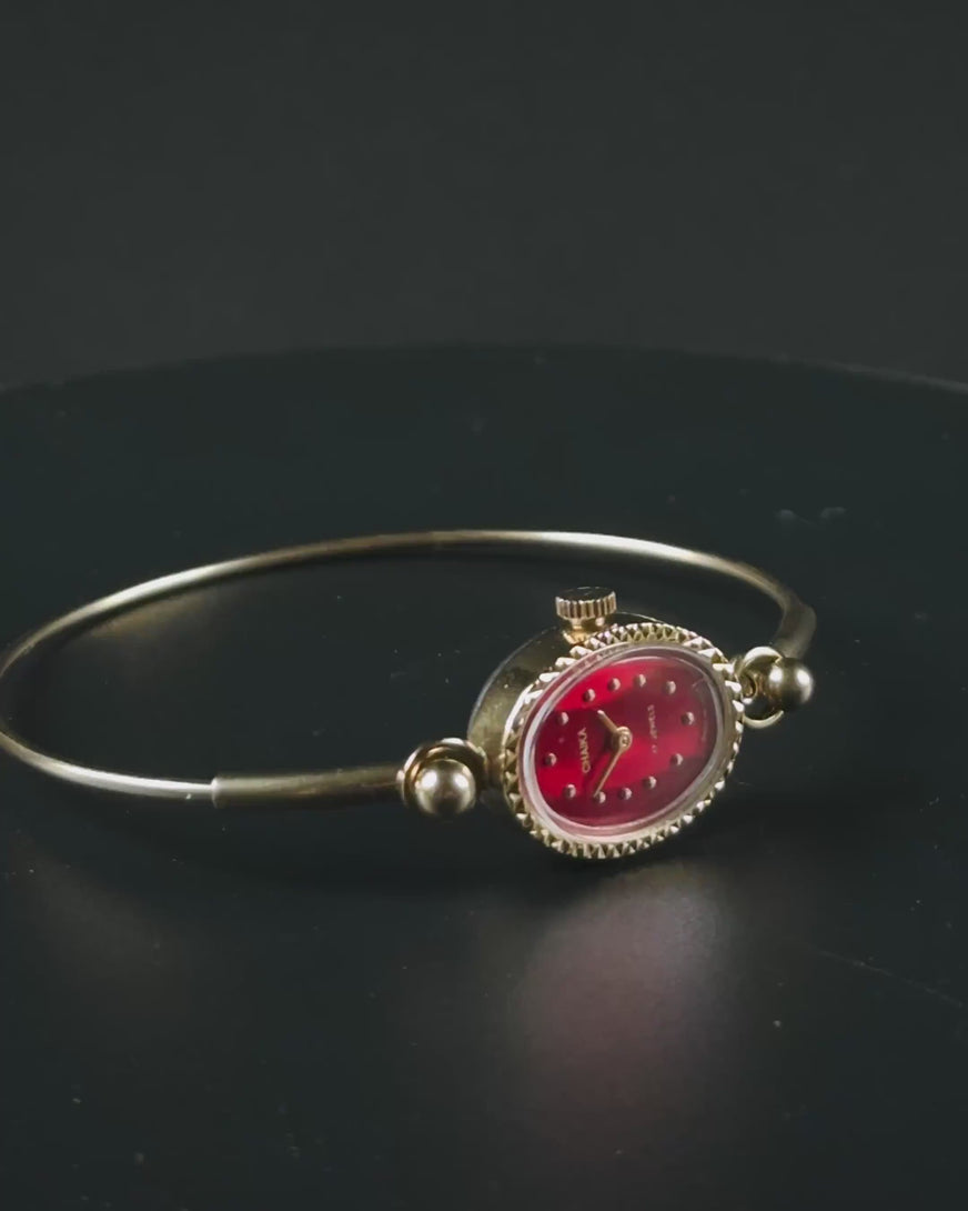 Delicate cocktail watch for women red oval Seagull vintage gift, tiny bracelet lady wristwatch gold shade jewelry, serviced watch authentic
