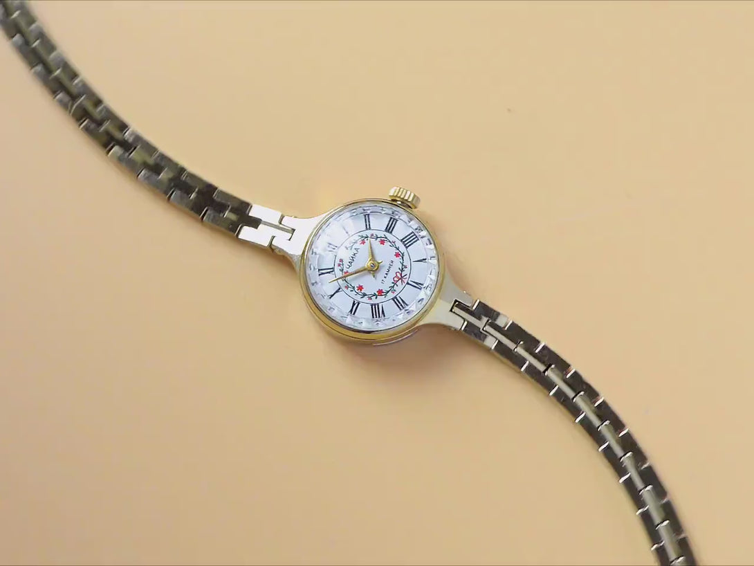Floral cocktail watch for women Seagull vintage gold shade, micro watch red flowers, small lady wristwatch jewelry graduation gift summer