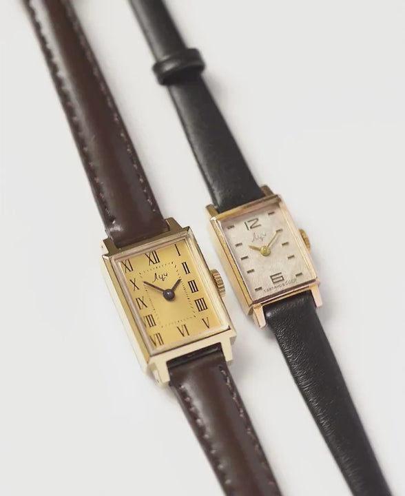 Women watch tank gold plated Ray unused vintage gift, lady watch rectangular Roman numerals yellow dial serviced watch genuine leather strap