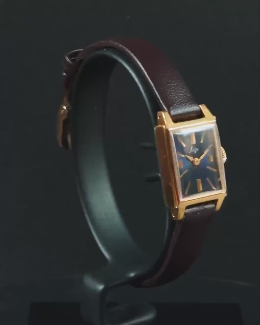 Small women watch rectangular Ray gold plated, navy blue dial women watch vintage gift, lady watch minimalist, new premium leather strap