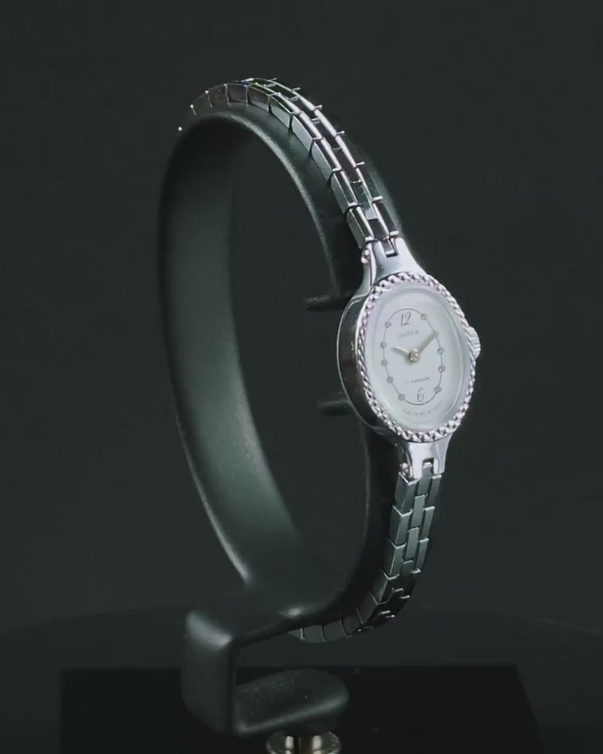 Oval women's cocktail watch silver shade Seagull, vintage lady watch minimalist dial watch jewelry gift tiny bracelet