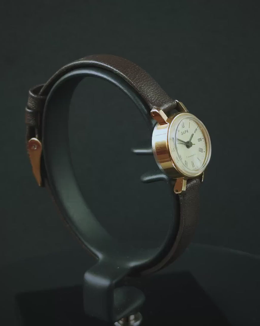 Delicate women's watch gold plated round case Dawn, delicate micro watch Roman numerals dial, classic lady gift, new premium leather strap