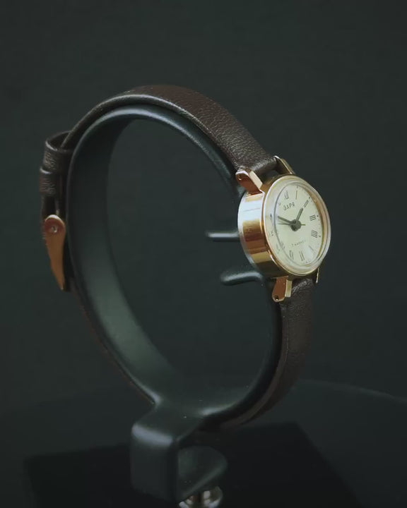 Delicate women's watch gold plated round case Dawn, delicate micro watch Roman numerals dial, classic lady gift, new premium leather strap