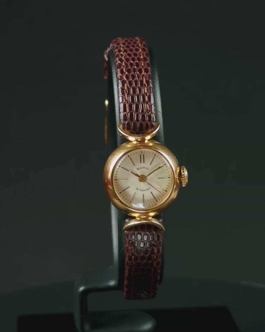 Rare women watch delicate dial gold plated Dawn, retro watch woman gift, crescent trim lady watch tiny jewelry, new premium leather strap